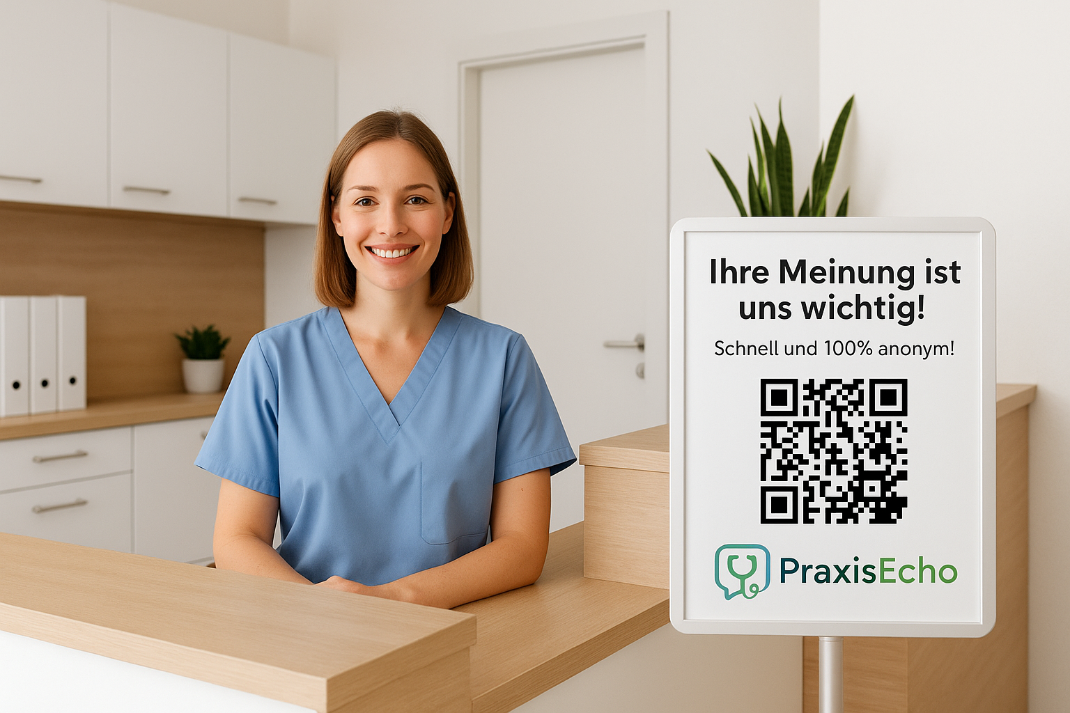 Beispiel Aufsteller PraxisEcho im Empfangsbereich